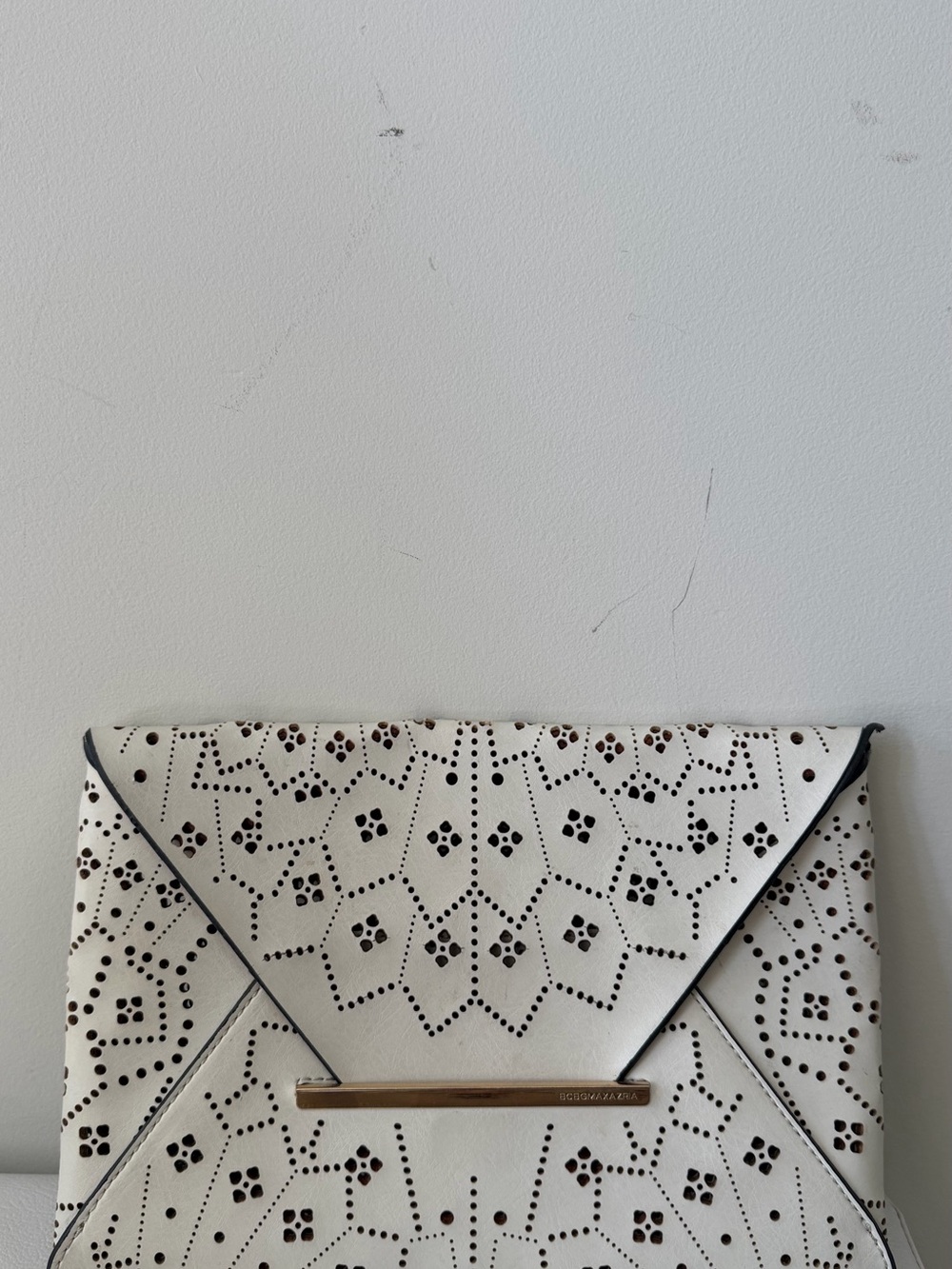 Envelope Clutch Bag in White with Laser-Cut Pattern BCBG